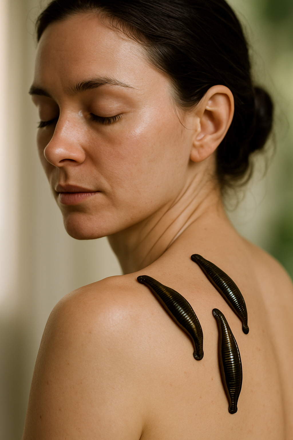 20250921_1714_Relaxing Leeches Therapy_simple_compose_01k5pde0geetn99dq8rrgqhcs4 Rücken einer Frau mit 3 Blutegeln