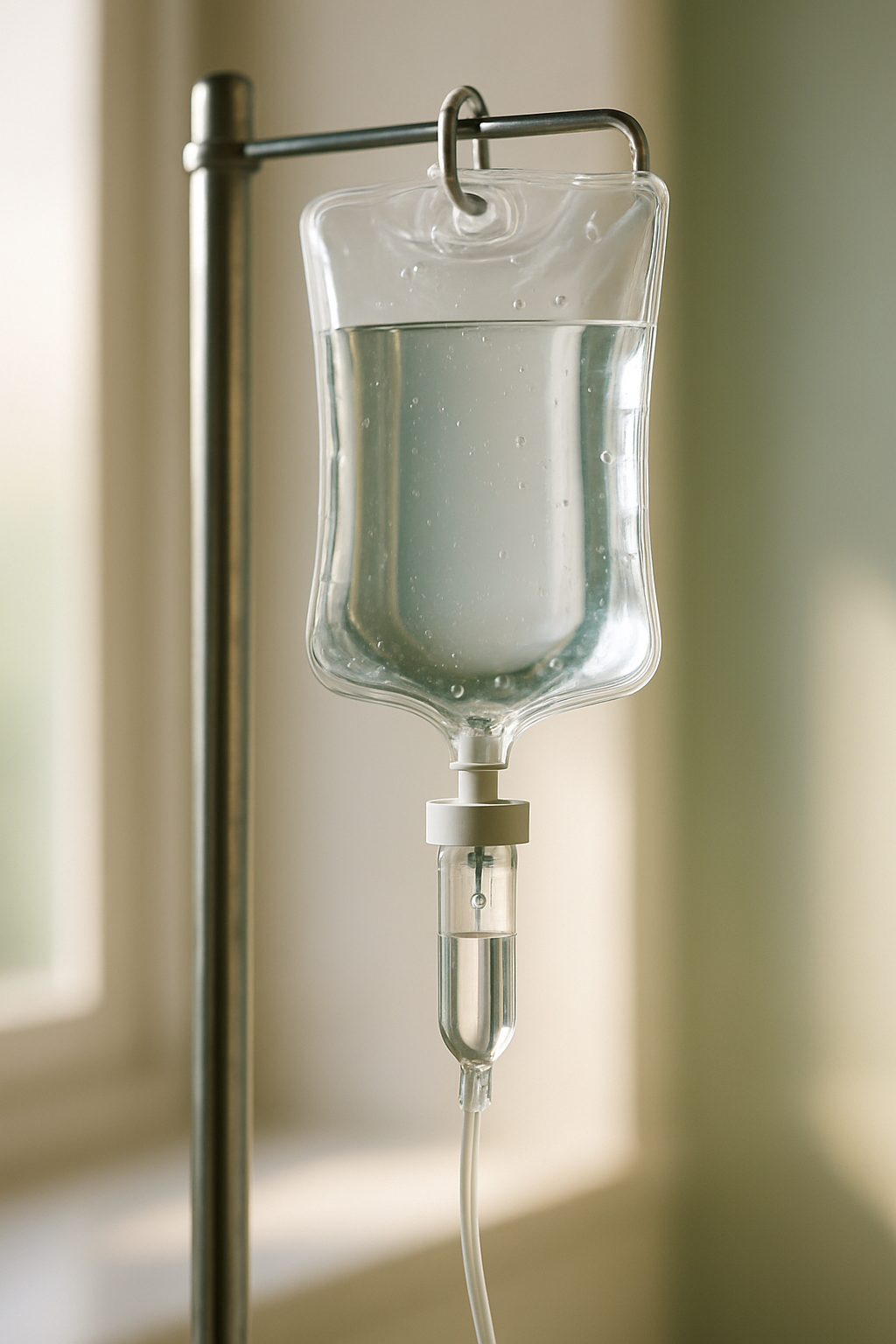 20250921_1724_IV Infusion Setup_simple_compose_01k5pe03crepjskq7hmbhe76z5 Nahaufnahme von Infusionsbehälter