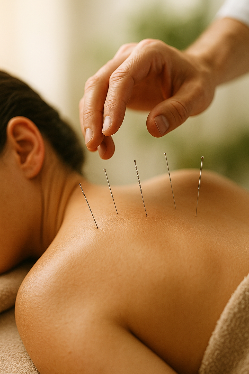 20250921_1725_Acupuncture Bliss_simple_compose_01k5pe0ya9engsh8a6tftzd95v Rückenaupunktur bei Frau